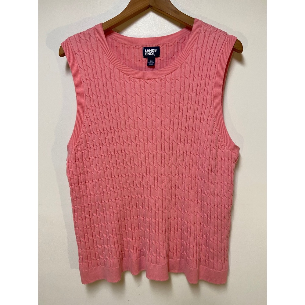 Lands' End Sweater Vest Women 3X Pink Cable Knit Cotton Crew Neck Sleeveless